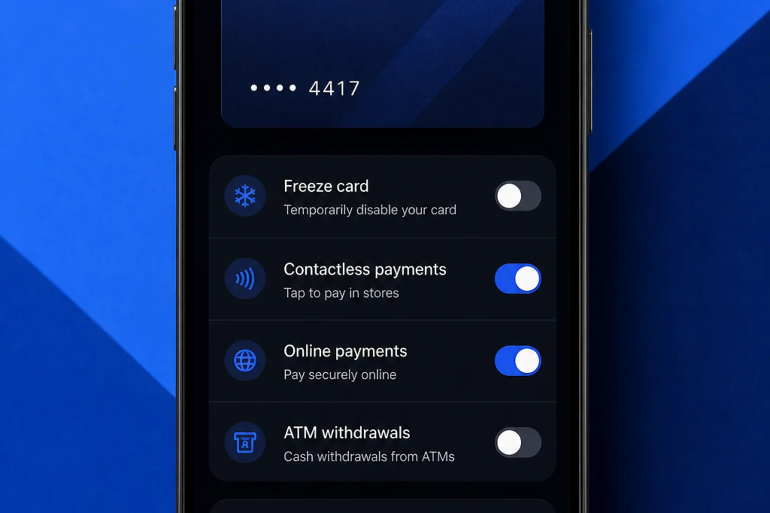 Freeze, limits and virtual cards one tap from the balance.